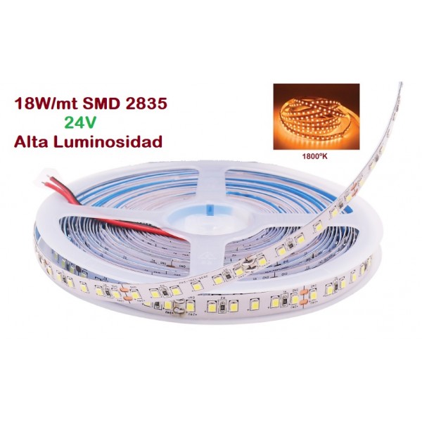 Tira LED 5 mts Flexible 24V 90W 600 Led SMD 2835 IP20 1800K Alta Luminosidad